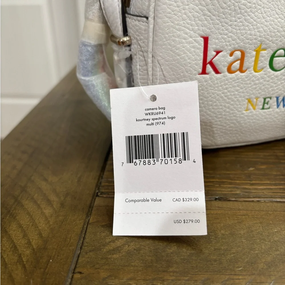Kate Spade Kourtney Rainbow Logo Camera Bag in White Pebbled Leather NWT
